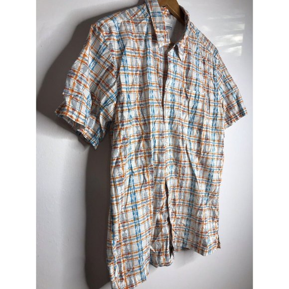 Columbia PFG Mens Small Orange Blue White Short Sleeve Button Fish Graphic Shirt - Picture 2 of 10